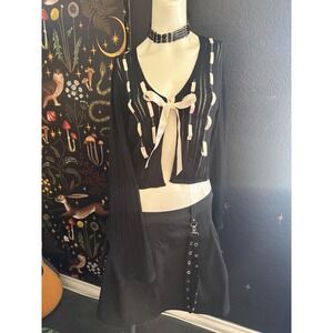 The Workshop Black Pointelle Knit Ribbon Tie Front Cropped Cardigan Sweater L